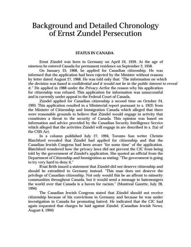 Background and Detailed Chronology of Ernst Zündel Persecution