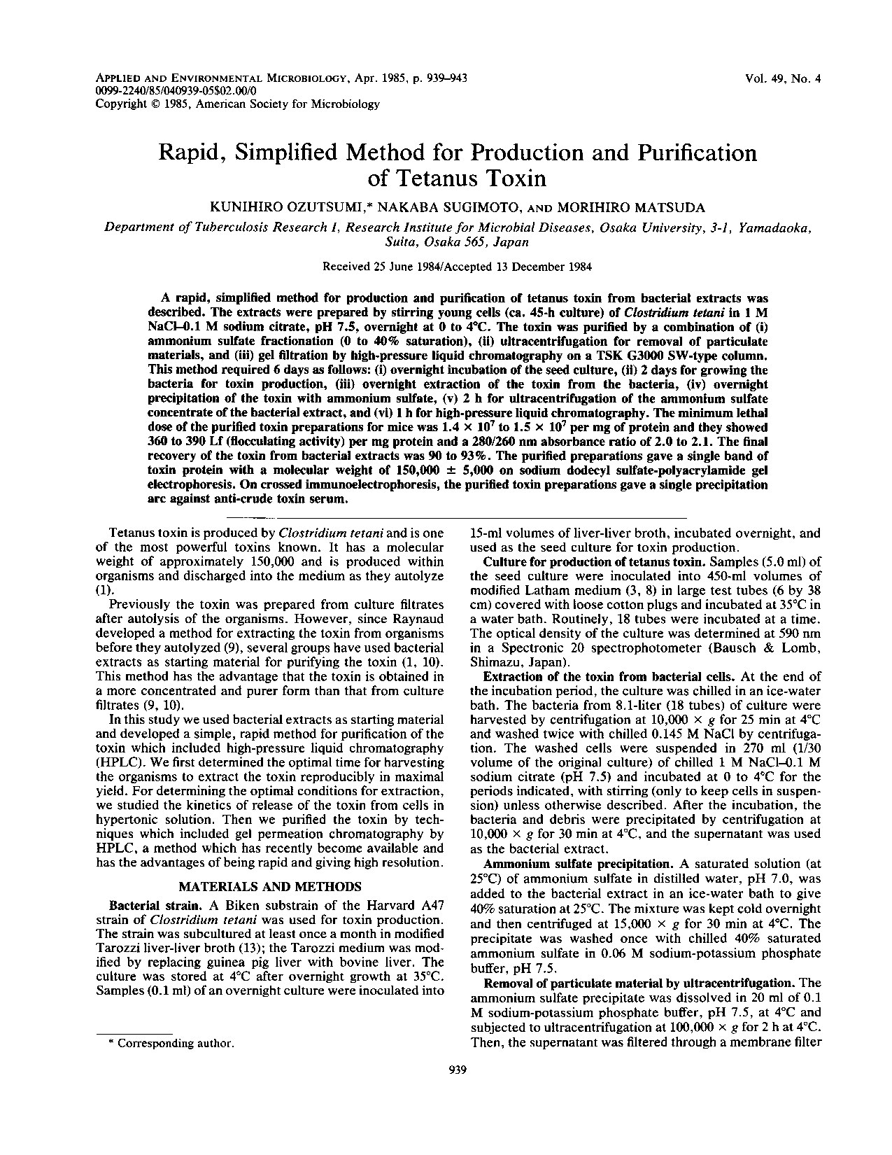 Tetanus - Rapid,Simplified Method for Production and Purification of Tetanus Toxin