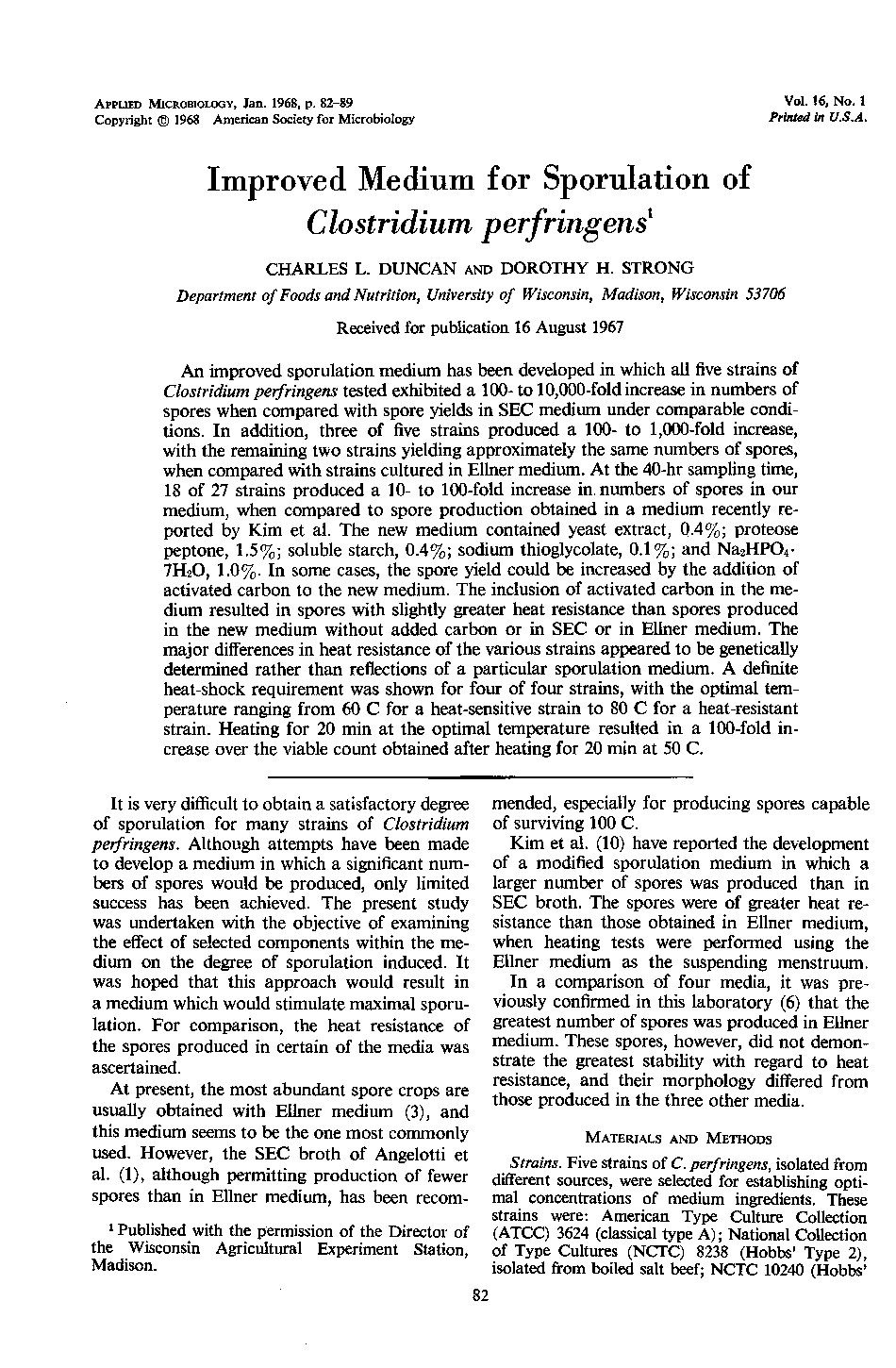 Improved Medium for Sporulation of Clostridium perfringens