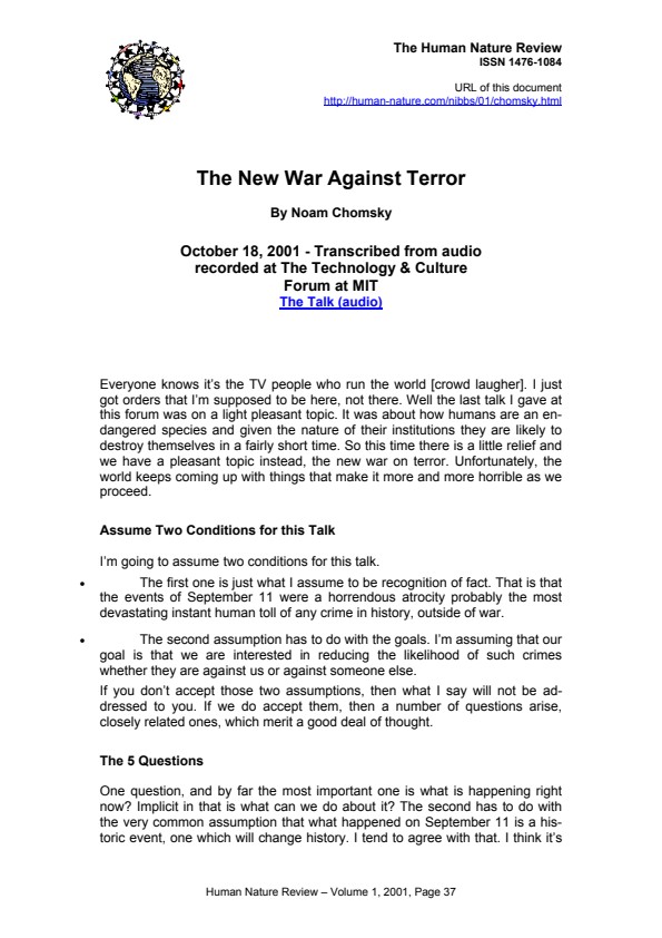 Chomsky, Noam; The New War Against Terror