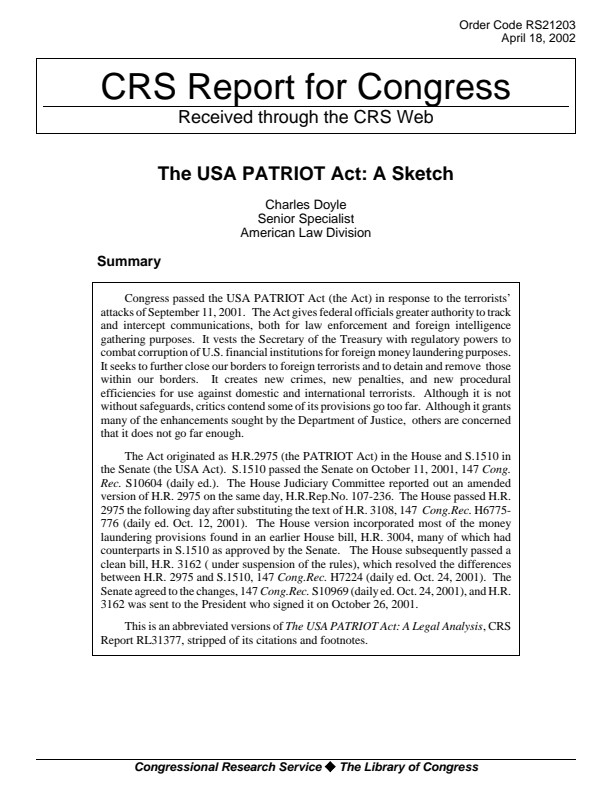 CRS; Patriot Act Review