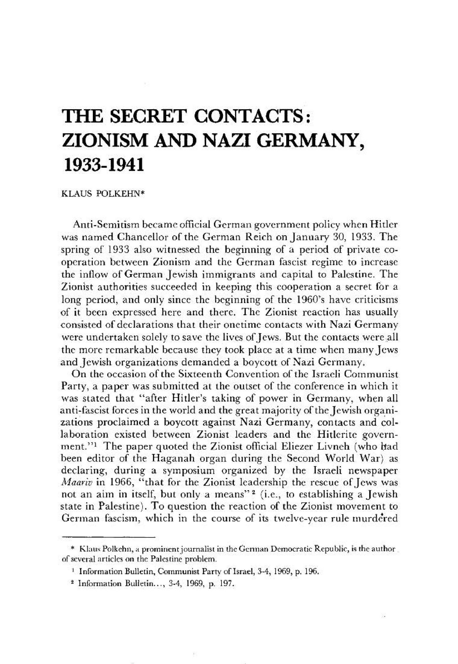 Polkehn, Klaus; The Secret Contacts - Zionism and Nazi Germany 1933-1941