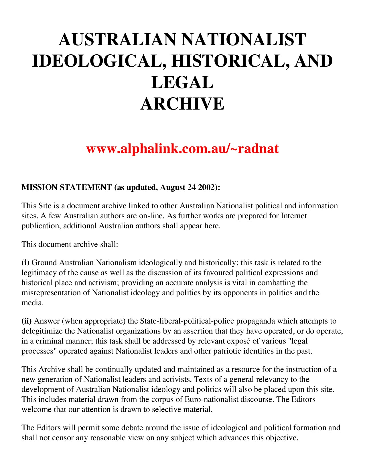 Australian Nationalist Idelogical, Historical, And Legal Archive