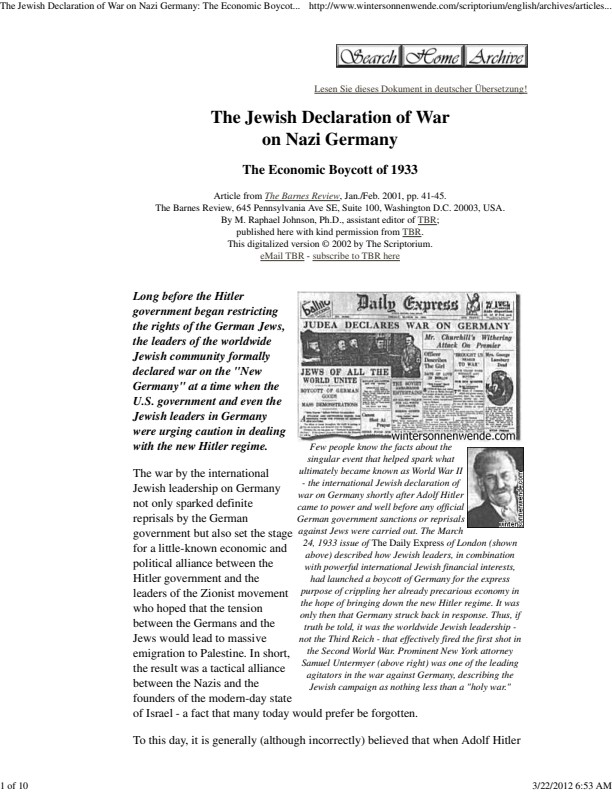 The Jewish Declaration of War on Nazi Germany: The Economic Boycott of 1933. M. Raphael Johnson, Ph.D.