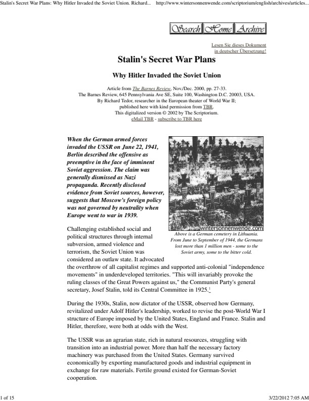 Stalin's Secret War Plans: Why Hitler Invaded the Soviet Union. Richard Tedor.