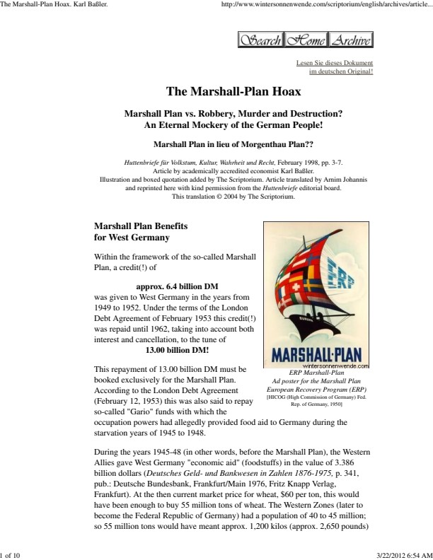 (The Marshall-Plan Hoax. Karl Ba\337ler.)