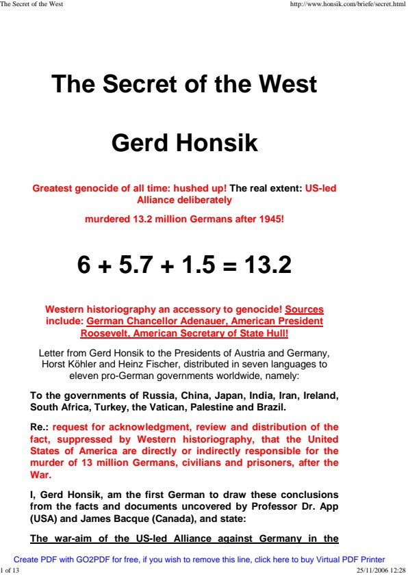 Honsik, Gerd; The Secret Of The West - The Genocide Of German Civilians