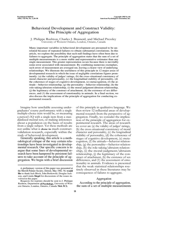 Rushton, J. Phillipe; Behavioral Development and Construct Validity - The Principle of Aggregation