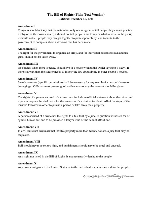 The Bill of Rights (PLain Text Version)