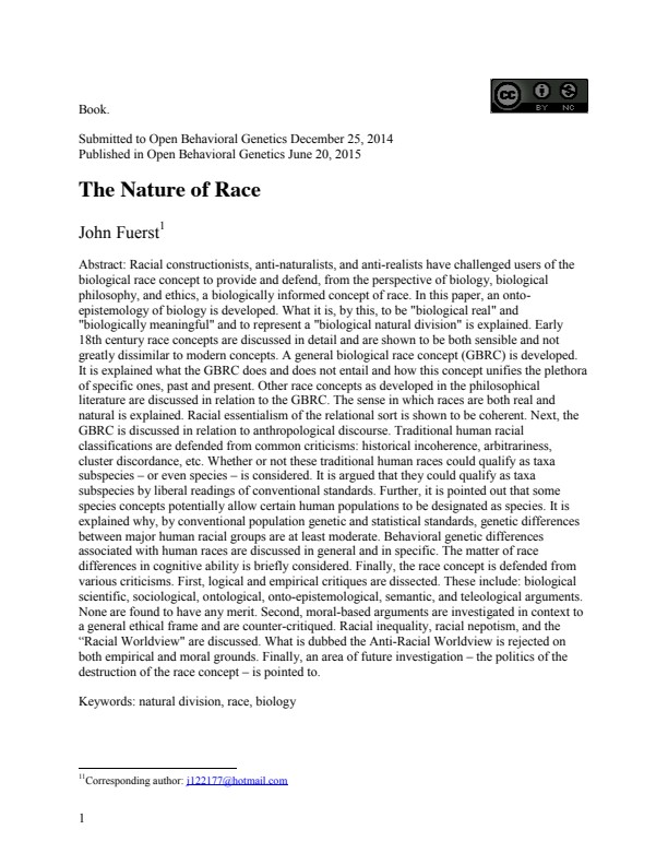 Fuerst, John. _The nature of race._ Open Behavioral Genetics, June, 2015