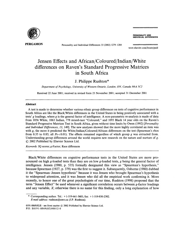 Jensen Effects and African-Coloured-Indian-White Differences on Raven's Standard Progressive Matrices in South Africa