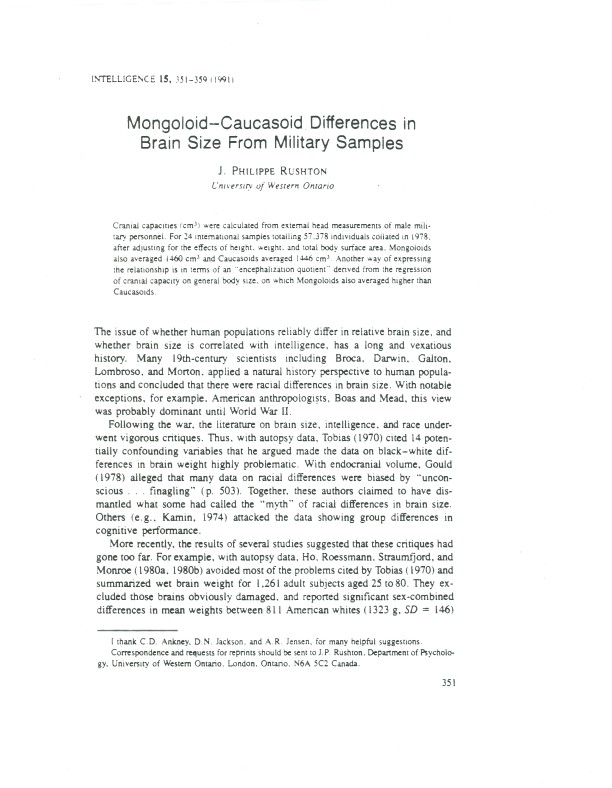 Mongoloid-Caucasoid Differences in Brain Size From Military Samples