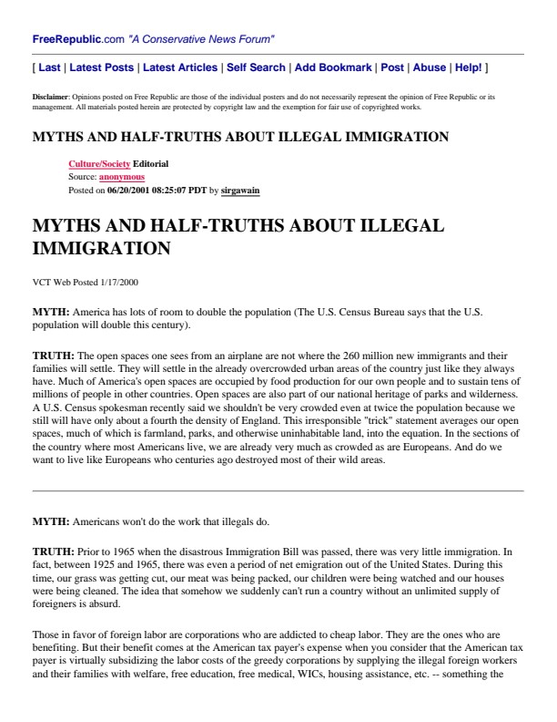 MYTHS AND HALF-TRUTHS ABOUT ILLEGAL IMMIGRATION [Free Republic]