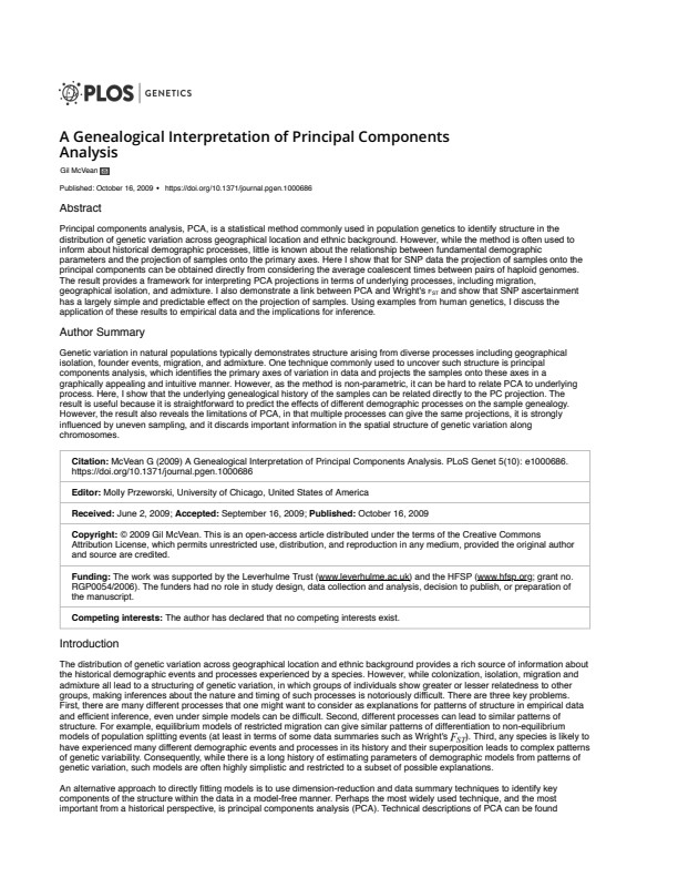 A Genealogical Interpretation of Principal Components Analysis