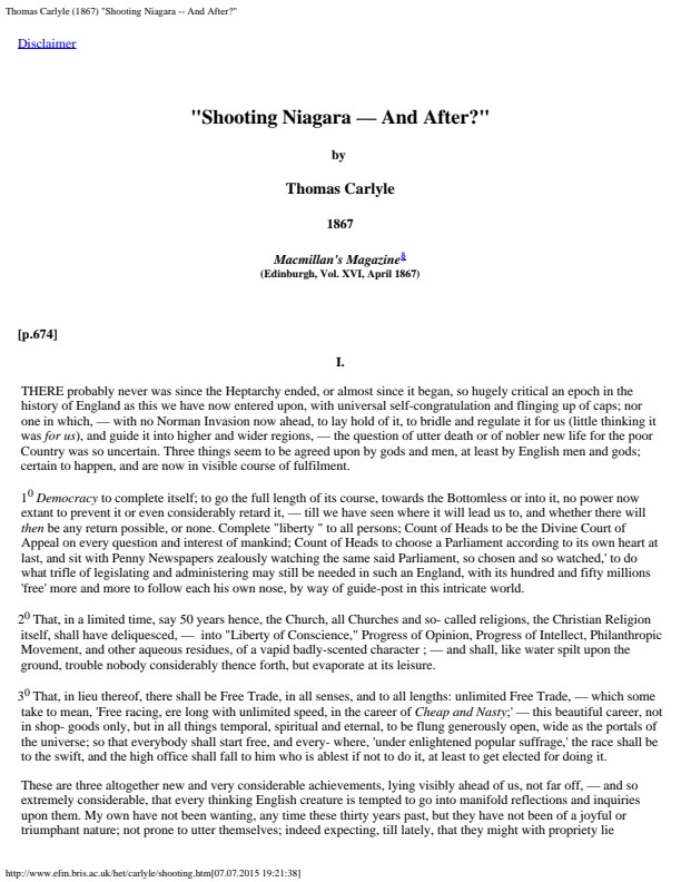 Thomas Carlyle (1867) "Shooting Niagara -- And After?"